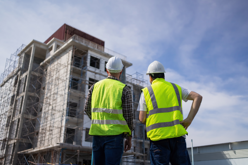 Two construction workers wearing yellow reflective vests looking at a building under construction